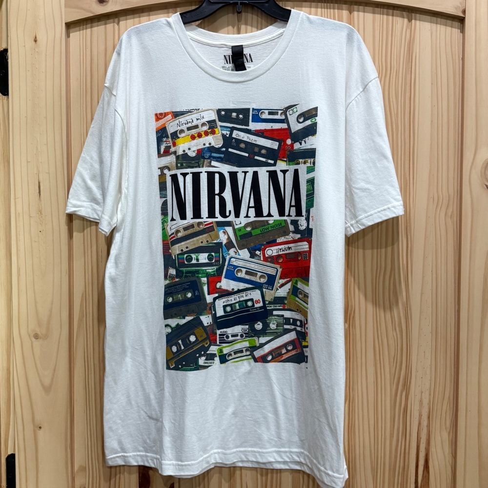 Nirvana Cassette Tape Graphic T-Shirt White XL Gildan Softstyle Rock Band Tee